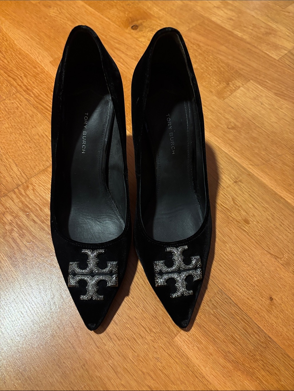 Tory Burch Black Velvet Pointed Toe Pumps with Crystal Logo Accent